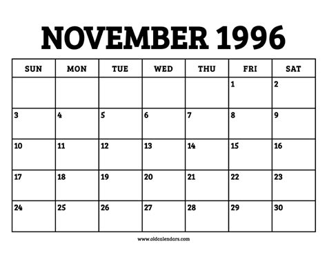 Calendar For November 1996